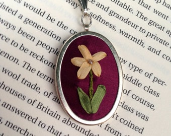 ON SALE Embroidered pendant flower, handmade and beaded- Silk Ribbon Embroidery by BeanTown Embroidery
