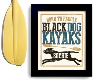 Kayak Art Black Labrador Retriever Art Black Dog Art Print Personalized Dog Art Canoe and Kayaking Dogs Name Art Outdoor Dog