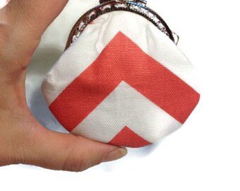 Coral Chevron Coin Purse Small, Coin Purse, Small Change Purse, Snap Closure Purse