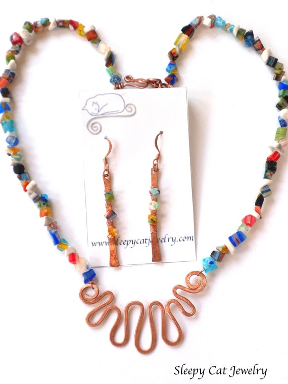 Copper Stick Earrings Wire Wrapped With Colorful Millefiori