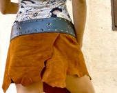 Ready to Ship - Pixie Leather Mini Skirt with Belt and Pocket - Tan Brown x Black - Tribal, Woodland, Steampunk, Psy, Burning Man