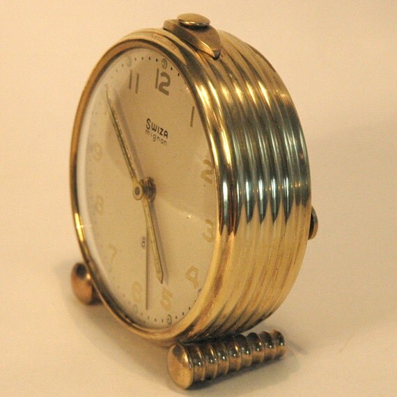 Swiza Mignon Brass Alarm Clock Wind Up 8 Day 7 Jewels Swiss