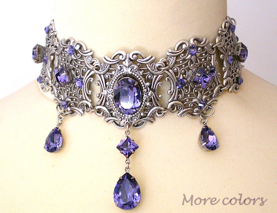 Tanzanite Swarovski Crystal Choker  - Victorian Gothic Bridal Silver Choker - Bridal Necklace -Victorian Gothic Jewelry - Wedding Jewelry