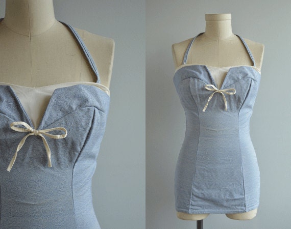 Vintage 50s Bathing Suit / 1950s Blue and White Stretch