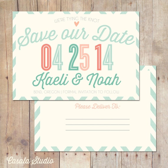 Rustic Chic Turquoise Mint Peach Coral Save the Date Postcard Wedding Announcement Printable Invitation OR Printed Card