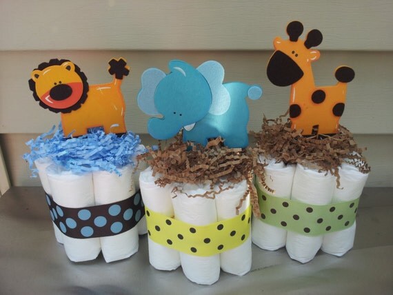 3 Jungle theme mini diaper cake baby shower centerpiece