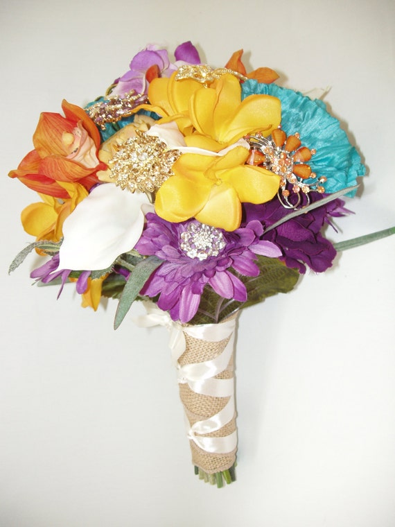 TROPICAL Silk Flower BROOCH Bouquet Purple TurquoiseOrange