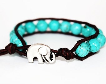 lucky elephant jewelry, elephant bracelet, leather beaded bracelet, animal jewelry, lucky jewelry, turquoise blue