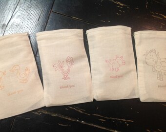 Farm animal treat bags-Bags-animal muslin bags- cow duck pig rooster bags-Drawstring bags 4x6