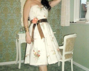 SALE Vintage Inspired fifties SPRING SUMMER floral print cotton strapless dress