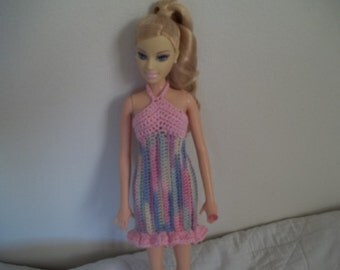 Stripped Halter Barbie Dress, Crocheted Barbie Clothes, Crocheted Barbie Dress, Halter Sundress for Barbie