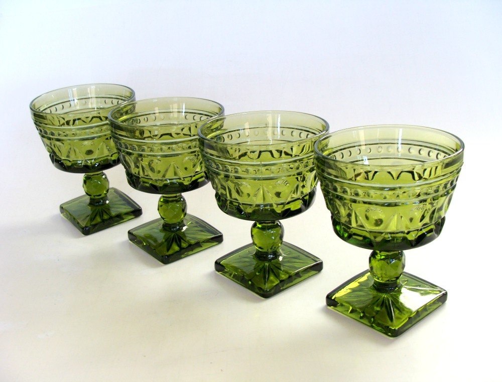 Olive Green Glass Footed Sherbet Dessert Serving Cups Dishes