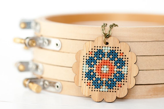 Cross Stitch Necklace - DIY Kit - Bamboo with Folk Art Pattern