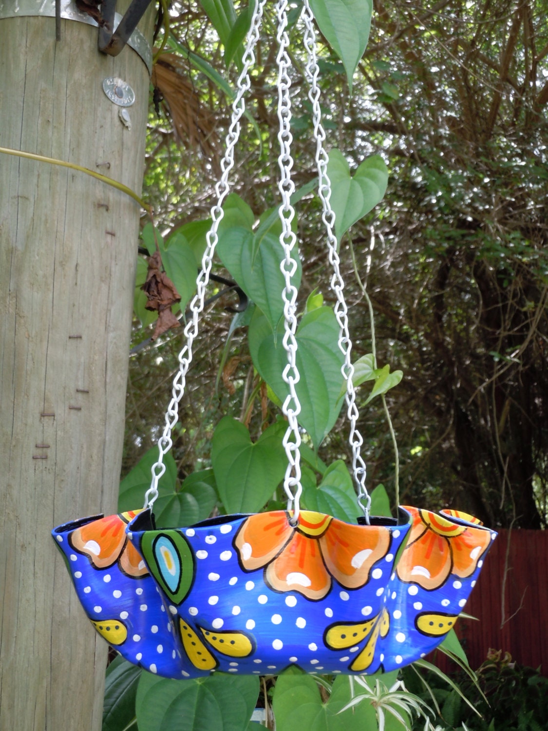 Recycled Melted Record Hanging Basket Painted in the Mexican