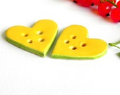 Yellow Apple Green Ceramic Button Heart Pottery with 4 Holes Set of 2 for Knitting and Crocheting