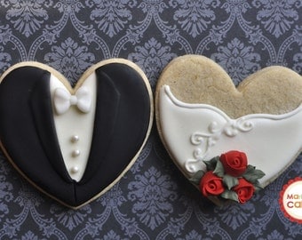 Holiday Bride and Groom Wedding Favor Cookies- 1 Dozen Cookie Favors, 6 Pairs, Wedding Cookies, Bridal Shower Cookies, Bride's Maids Gifts