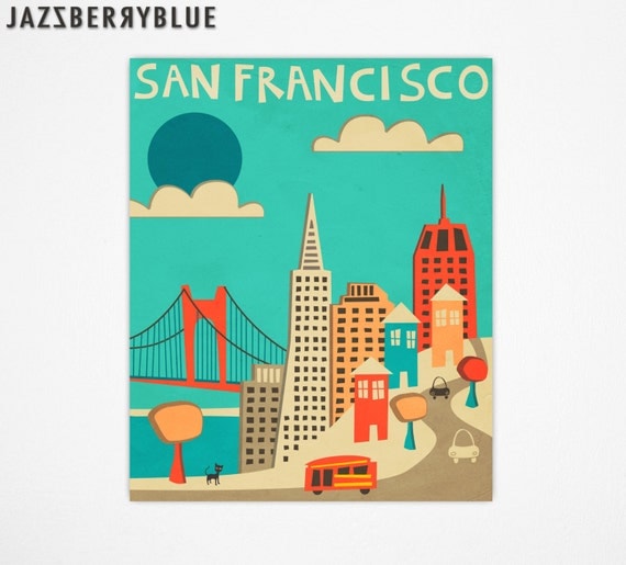 SAN FRANCISCO Travel Poster, Retro Pop Artwork, Giclee Fine Art Print, Home Decor, Wall Art (blue version)