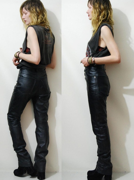 90s Vintage LEATHER PANTS Jeans Biker Button Fly Skinny-leg