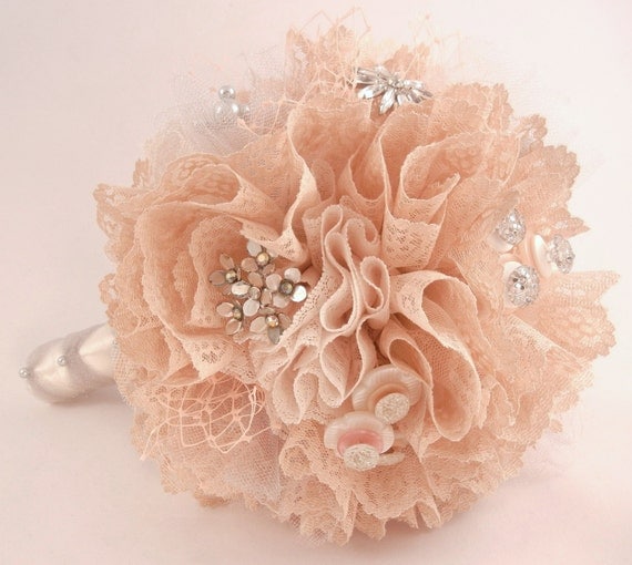 ANGELIQUE Vintage Lace Jewelry Button Embellished Wedding Bouquet Blush Pink Peach Cream Silver