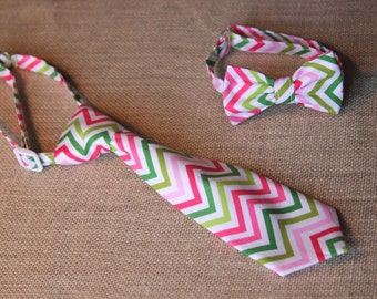 Pink, White and Green Chevron Neck Tie or Bow Tie (BowTie) for Baby, Infants, Toddlers, Youth, Boys, Men boys outfit wedding