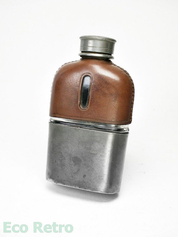 Small Antique Glass Hip Flask with Rich Brown Leather Covering