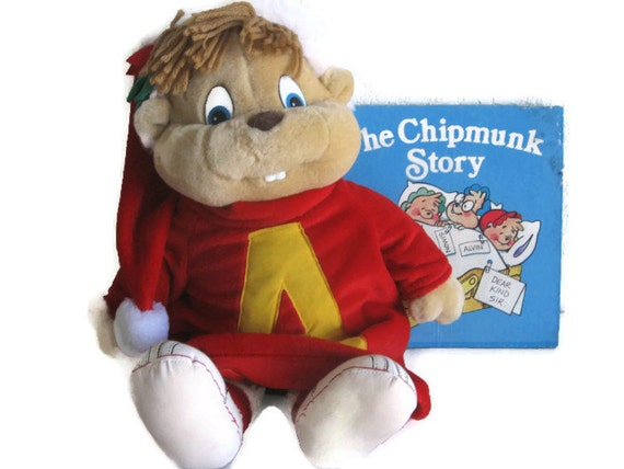 Vintage Alvin and the Chipmunks Doll & Book: Alvin in Santa Hat and "The Chipmunk Story"