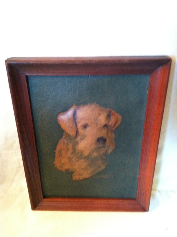 Vintage framed dog picture puffy art wood frame