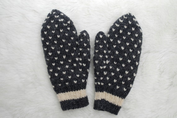 Striped Cuff Dark Grey Thrummed Mittens