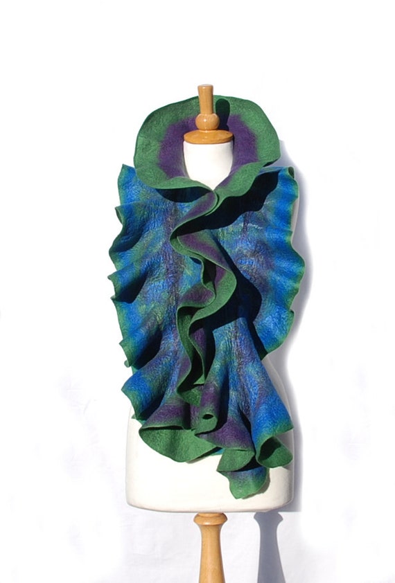 Felted ruffle scarf felt wool scarf felt collar green purple