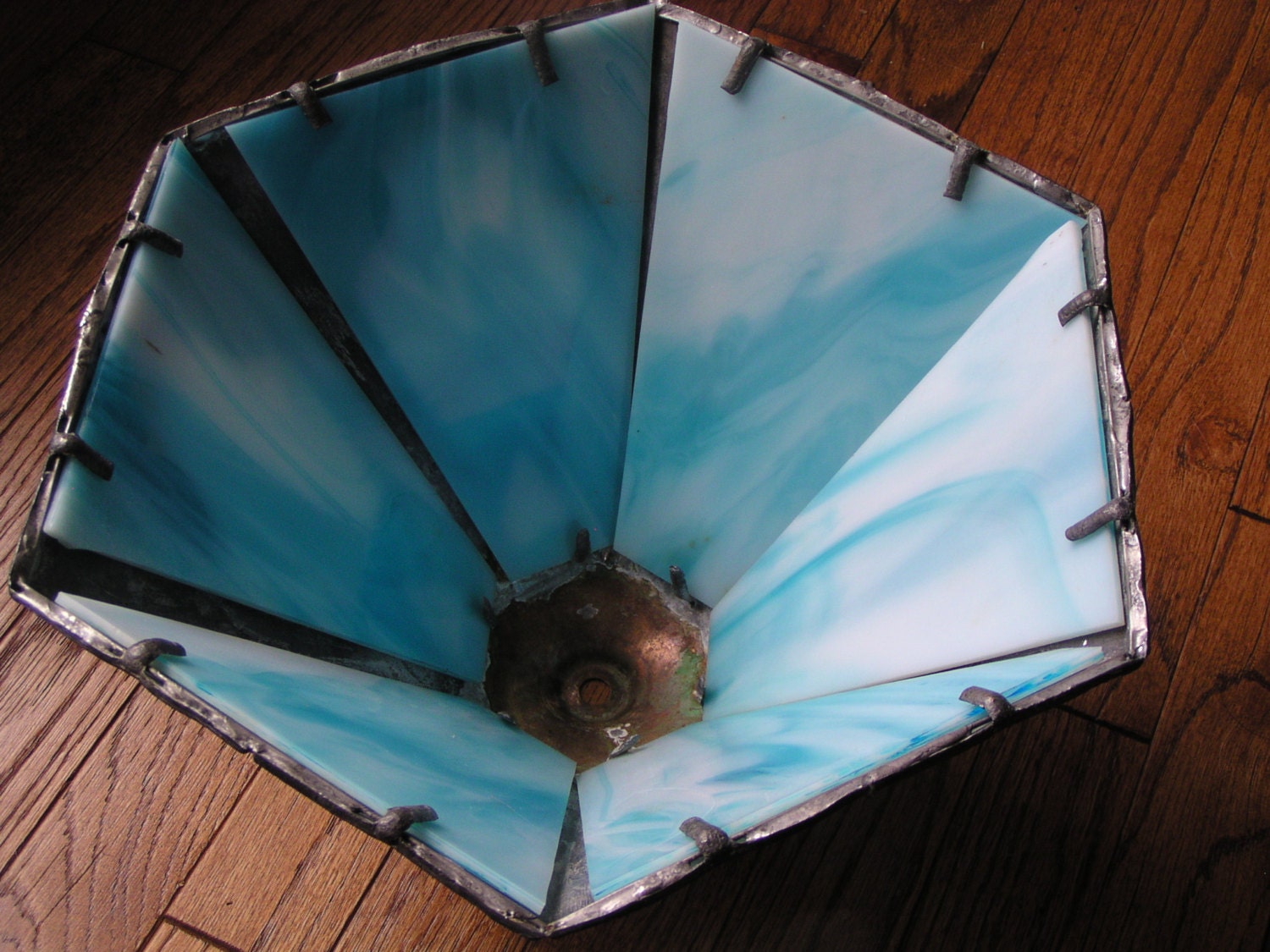 Antique Blue Slag Glass Lamp Shade Overlaid with Teroca Metal