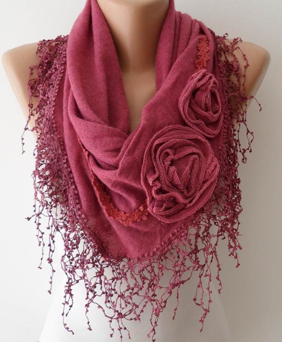 Autumn Scarf Rose Pink Scarf with Roses Knit by