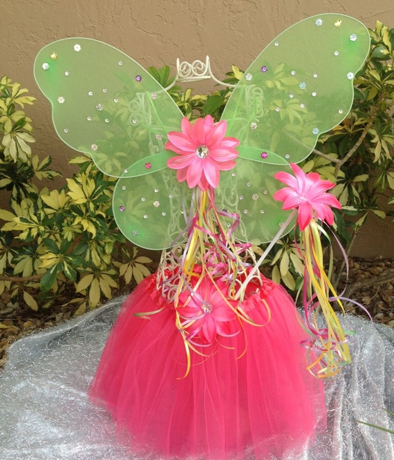 Items similar to Pink Tutu, Green Fairy Wings, Fairy Costume ...