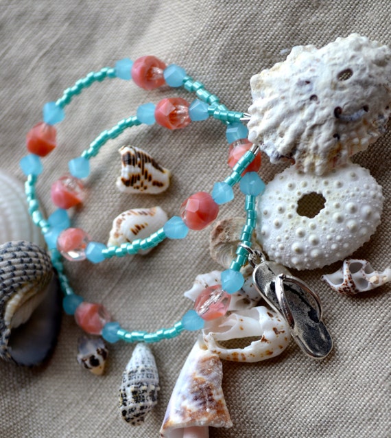 Coral Pink & Turquoise Beaded Anklet with Flip Flop Pendant