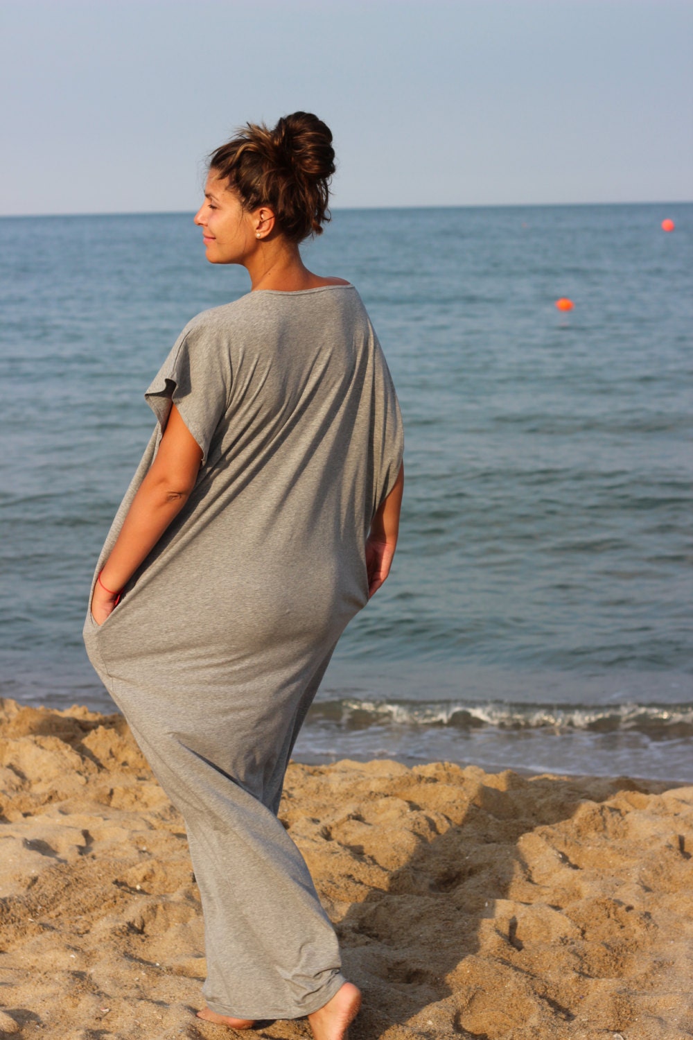 Light Gray Maxi Dress Cotton Knit Caftan Dress Plus Size