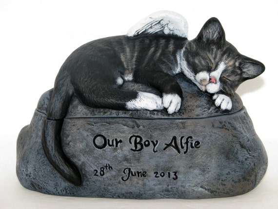 Ceramic Engraved Painted Cat Cremation Urn hand made pet urn