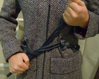 1970s Vintage Blue Wool Coat, Blue Herringbone Zippered Front Jacket, Union Made by Alvins, Mod Winter Coat w/Belt, Vintage Woman's Clothing