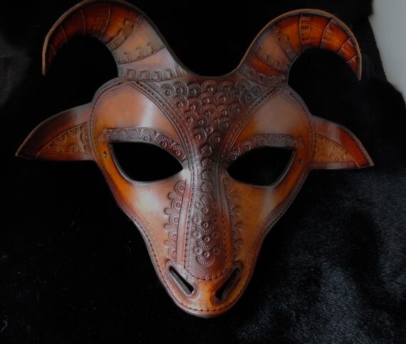 Hand Molded Embossed Brown Leather Devil Goat Masquerade Mask