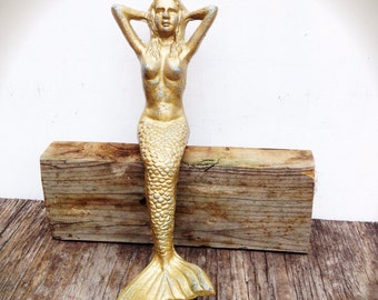 BOLD shimmering gold and aqua sea foam blue sitting mermaid statue // shabby cottage chic nautical beach bathroom decor // cast iron