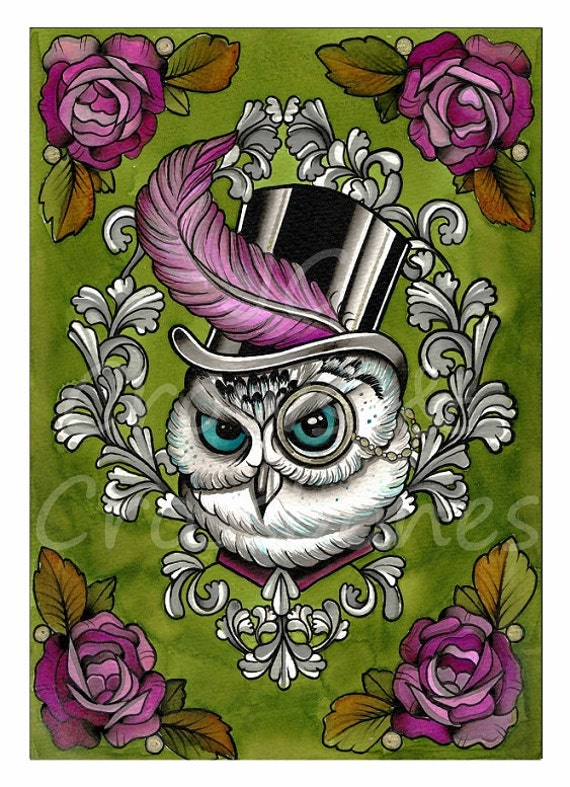 Download Items similar to Steampunk Victorian Owl in Top Hat - A4 ...