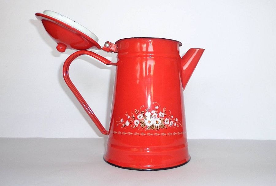 Amazing Red Enamel Coffee Tea Pot With Flowers Motif Haute Juice 0071