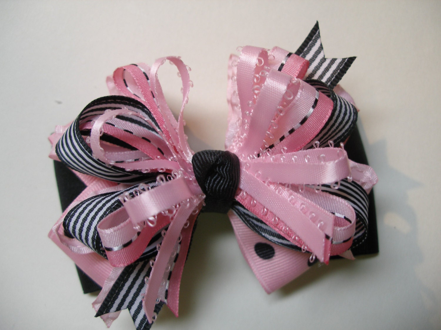 Sassy Pretty PINK Black Hair Bow Fashionista Boutique Polka