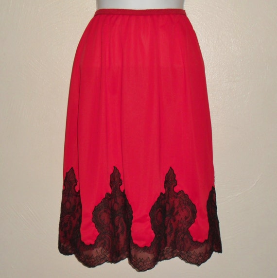 Vintage red half slip with black lace trim