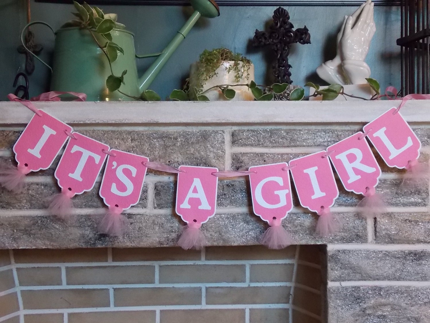 It's A Girl Baby Shower Banner Embossed Banner with Tulle