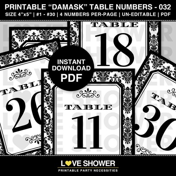 1 30 Printable DAMASK Table Numbers Wedding Dinner Party