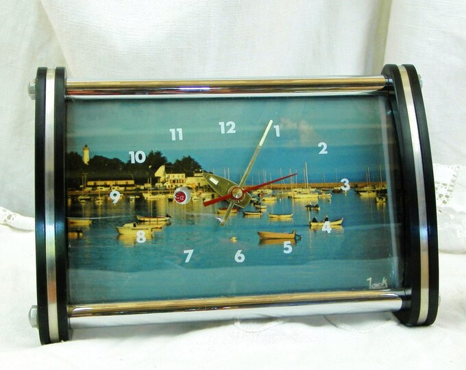 Working Vintage Mid Century French Postcard Mechanical Alarm Clock, 1960s Wind Up Clock with Coastal Scene from France, Brittany Picture Working Vintage Mid Century French Postcard Mechanical Alarm Clock, 1960s Wind Up Clock with Coastal Scene from France, Brittany Picture