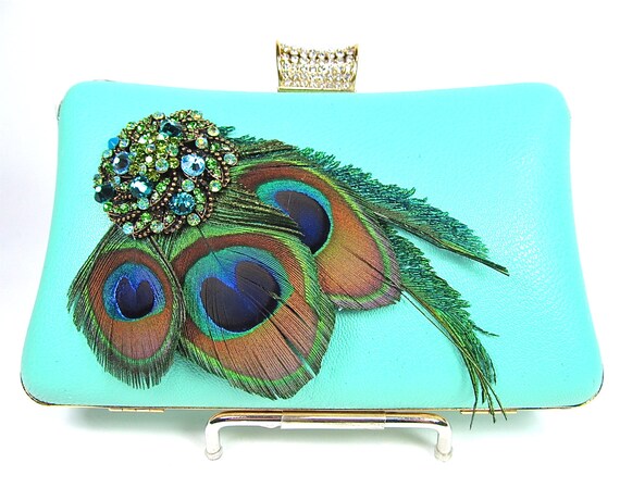 Mint Peacock Feather Crystal Bridal Clutch, Wedding Purse, Bridal Handbag