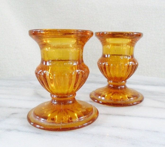 Vintage Amber 70s Glass Candle Holders. Set of 2 by good2byou