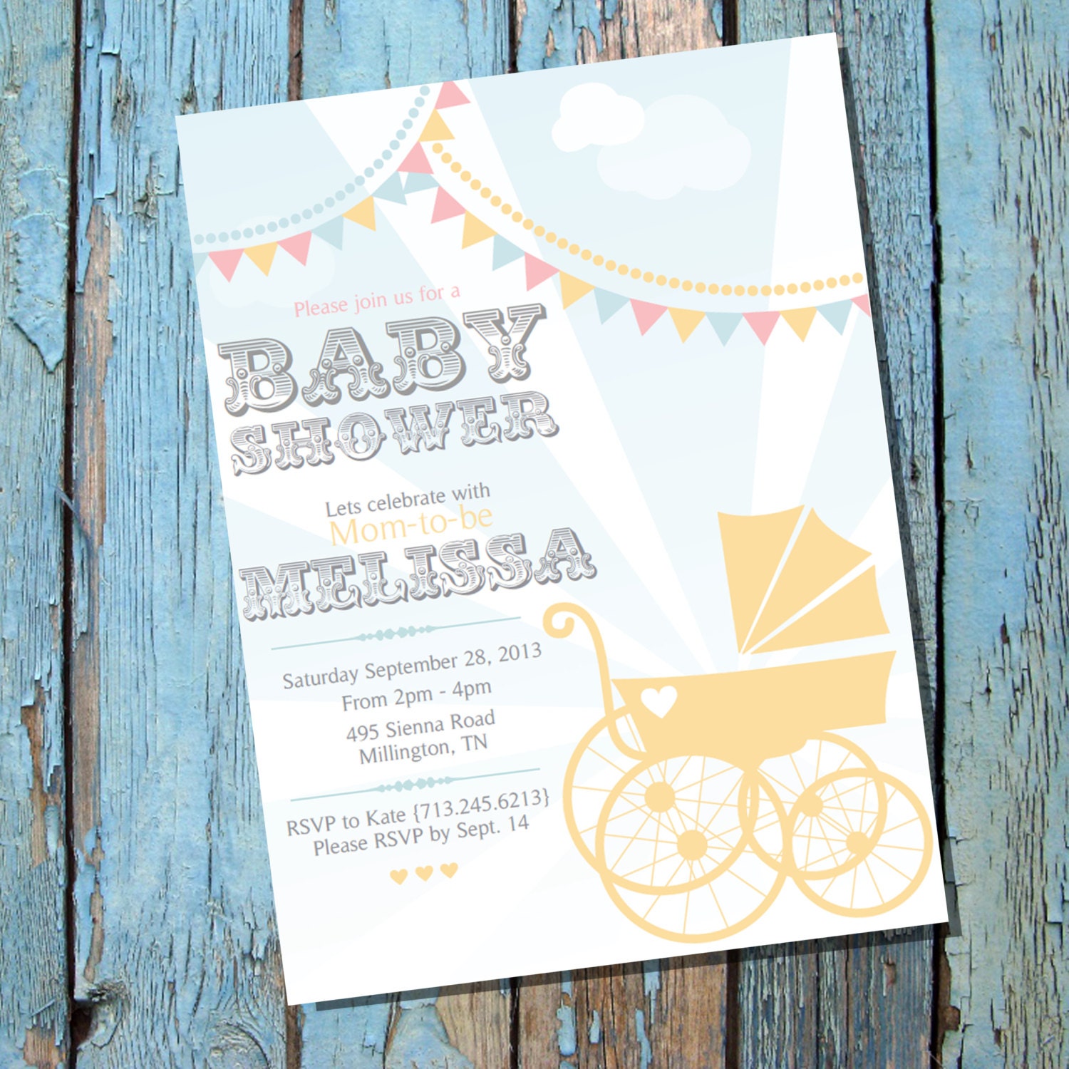 Vintage Pram Baby Shower Invitation for a Boy or Girl