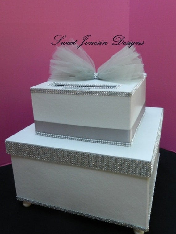 white silver wedding card box bling ribbon sweet 16