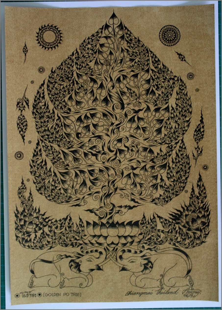 thai traditional art of bodhi tree by printing on sepia paper thai traditional art of bodhi tree by printing on sepia paper
